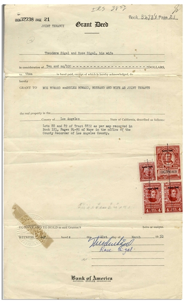 1950 Grant Deed Signed by Moe ''Moe & Helen Howard''; ''Notice of Completion'' for His Home Twice-Signed by Moe; Unsigned 1961 Grant Deed -- Various Sizes -- Very Good Condition